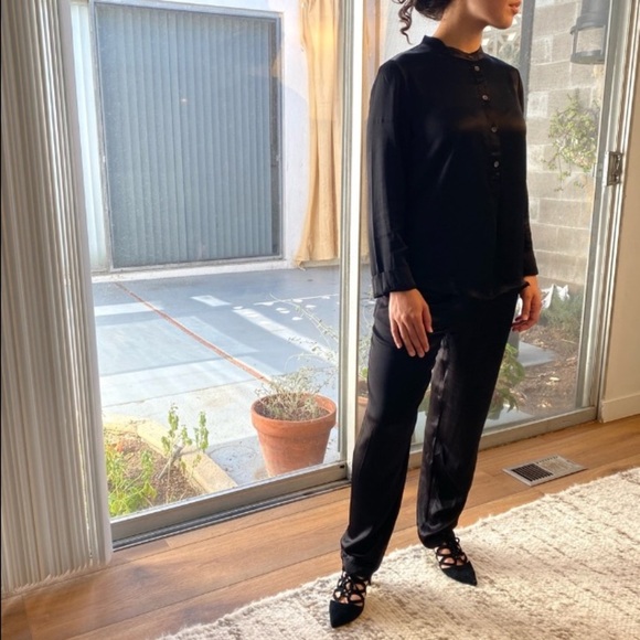 NWT Raquel Allegra Pebble Satin Set — Perfect Henley (XS) + Fez Pant (S), Black - Picture 2 of 11